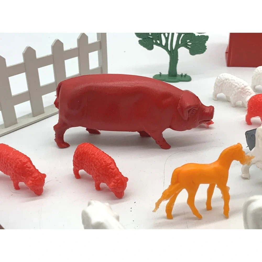 Vtg Plastic Farm Animal Playset Lot Barn Fence Tree Toy Figures 1970s 1980s 35Pc